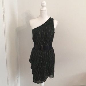 Jungle green animal print, one shoulder dress.